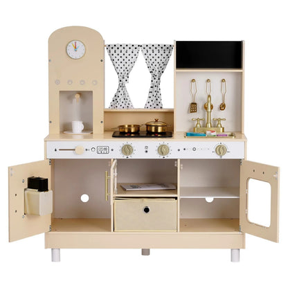 Wooden Kids Play Kitchen Set with Lights, Sounds, Ice Maker & Microwave – Pretend Cooking Toy