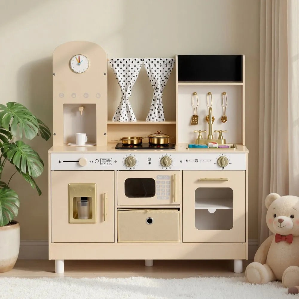 Wooden Kids Play Kitchen Set with Lights, Sounds, Ice Maker & Microwave – Pretend Cooking Toy
