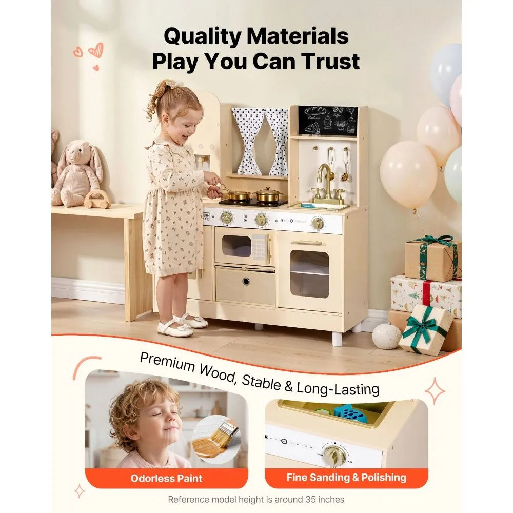 Wooden Kids Play Kitchen Set with Lights, Sounds, Ice Maker & Microwave – Pretend Cooking Toy