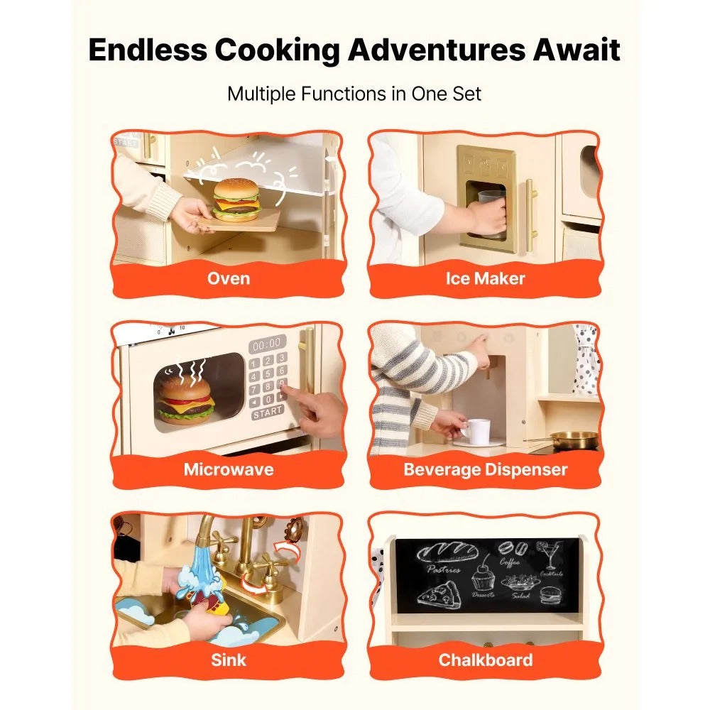 Wooden Kids Play Kitchen Set with Lights, Sounds, Ice Maker & Microwave – Pretend Cooking Toy