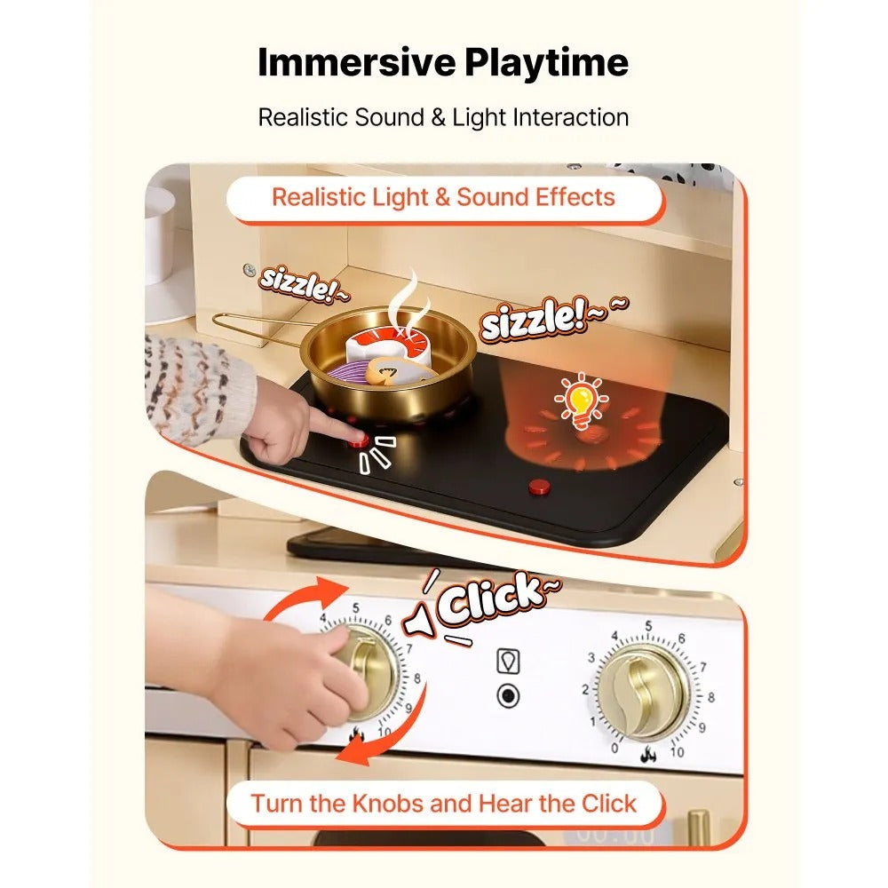 Wooden Kids Play Kitchen Set with Lights, Sounds, Ice Maker & Microwave – Pretend Cooking Toy