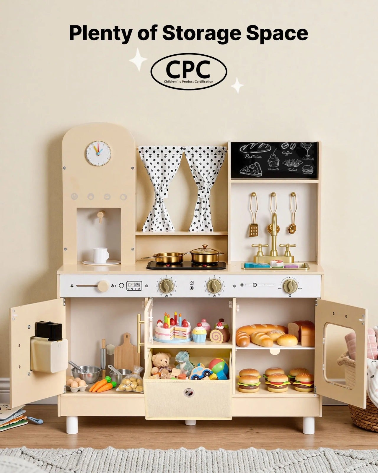 Wooden Kids Play Kitchen Set with Lights, Sounds, Ice Maker & Microwave – Pretend Cooking Toy