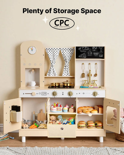 Wooden Kids Play Kitchen Set with Lights, Sounds, Ice Maker & Microwave – Pretend Cooking Toy