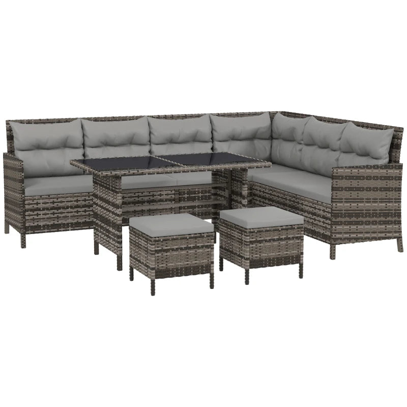 6-Piece Outdoor Rattan Sofa Set, Garden Wicker Sectional Couch Furniture Set with Dining Table and Chairs, Grey