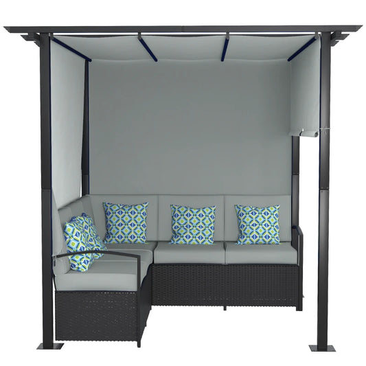 Wicker Patio Furniture, Outdoor PE Rattan Sofa Set with Retractable Canopy Pergola, Shade Shelter for Deck, Pool, Garden, Terrace, Grey