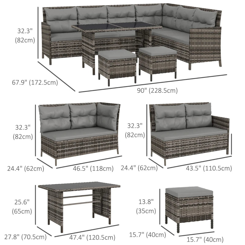 6-Piece Outdoor Rattan Sofa Set, Garden Wicker Sectional Couch Furniture Set with Dining Table and Chairs, Grey