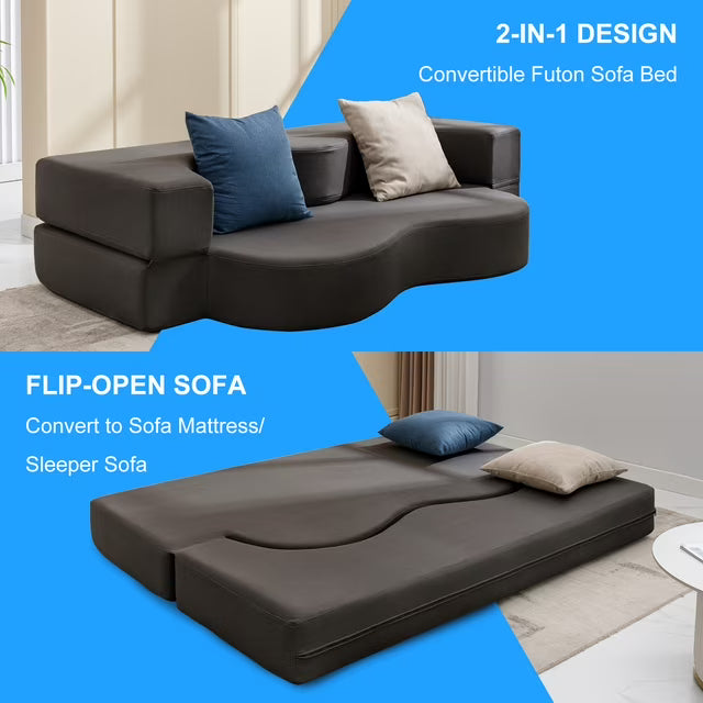 2 in 1 Folding Sofa Bed, Full Size Convertible Sleeper Couch, Futon Sofa Bed for Small Spaces, Living Room & Guest Room, No Assembly Required, Dark Gray