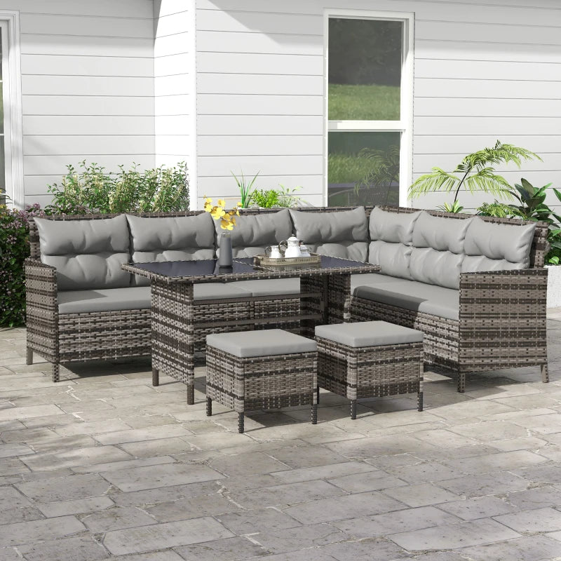6-Piece Outdoor Rattan Sofa Set, Garden Wicker Sectional Couch Furniture Set with Dining Table and Chairs, Grey