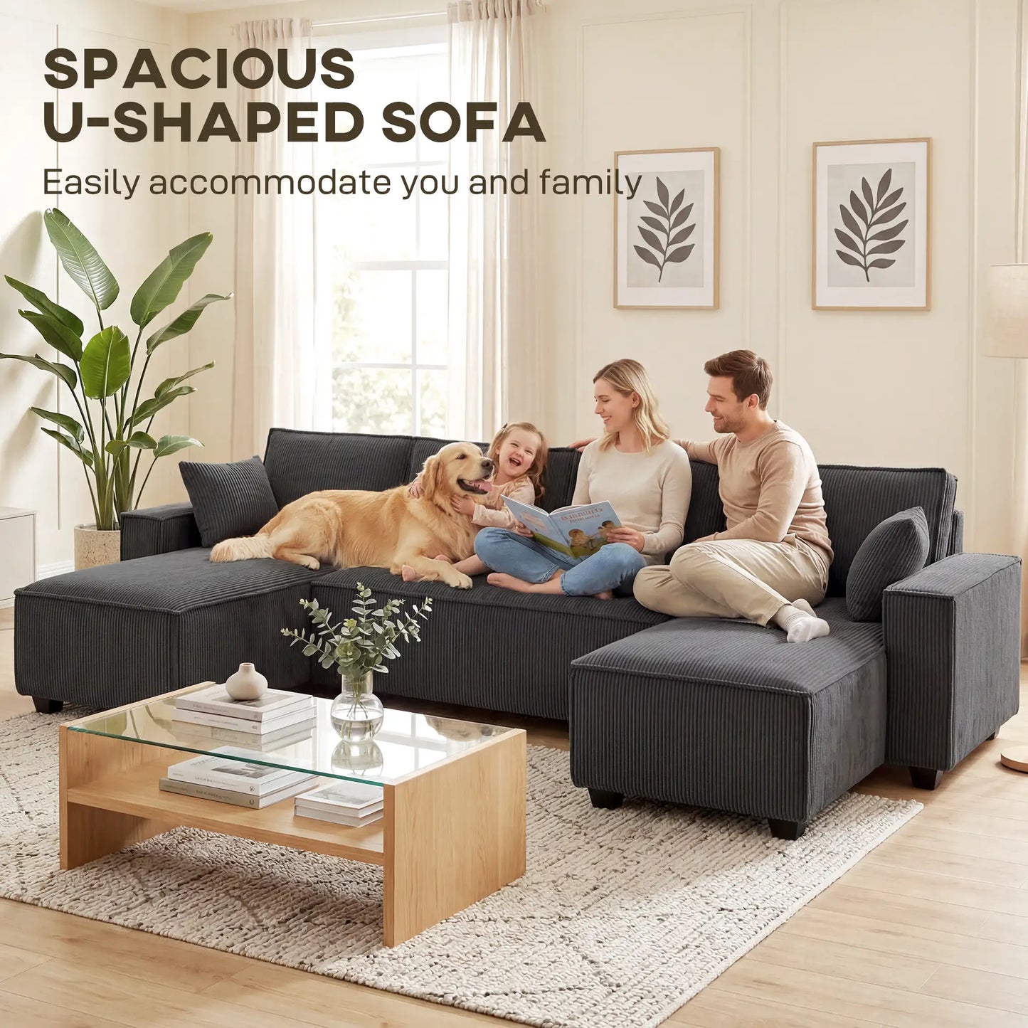 Modular U Shaped Couch, Sectional Sofa with Double Chaises and Spring Cushions, Dark Grey