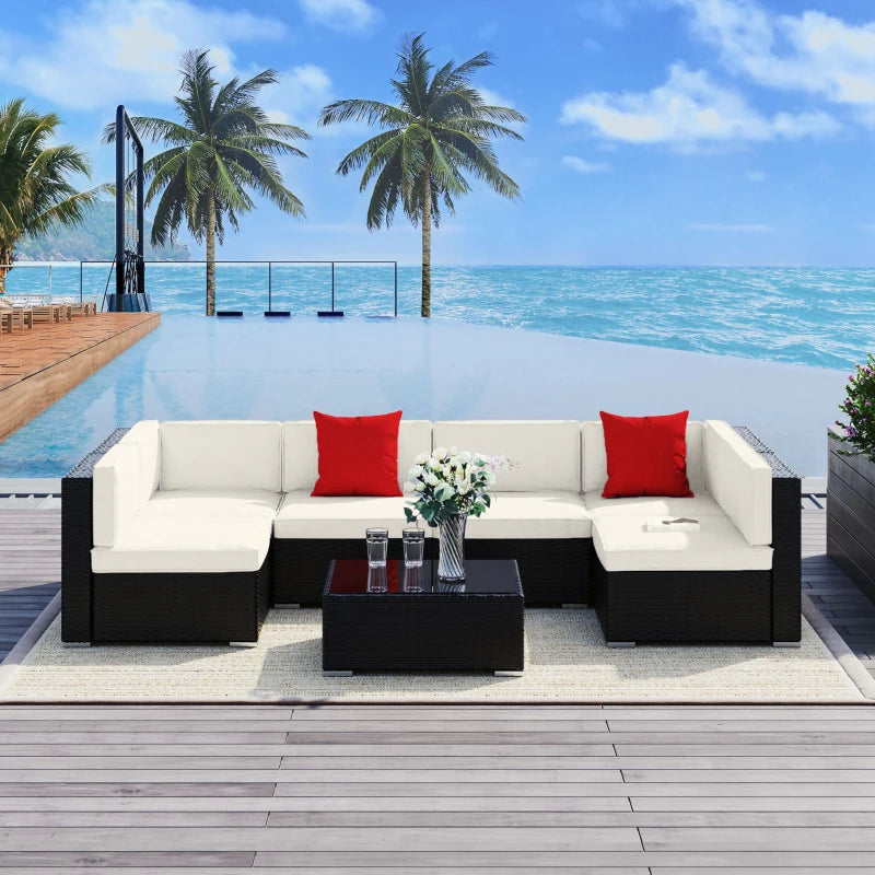 7 Pieces Patio Sofa Outdoor Wicker Sectional Patio Furniture, Dark Brown & Beige