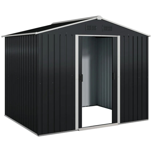 8' x 6' Outdoor Storage Shed, Metal Garden Tool Storage House with Lockable Sliding Doors and Vents for Backyard Patio Lawn, Charcoal Grey