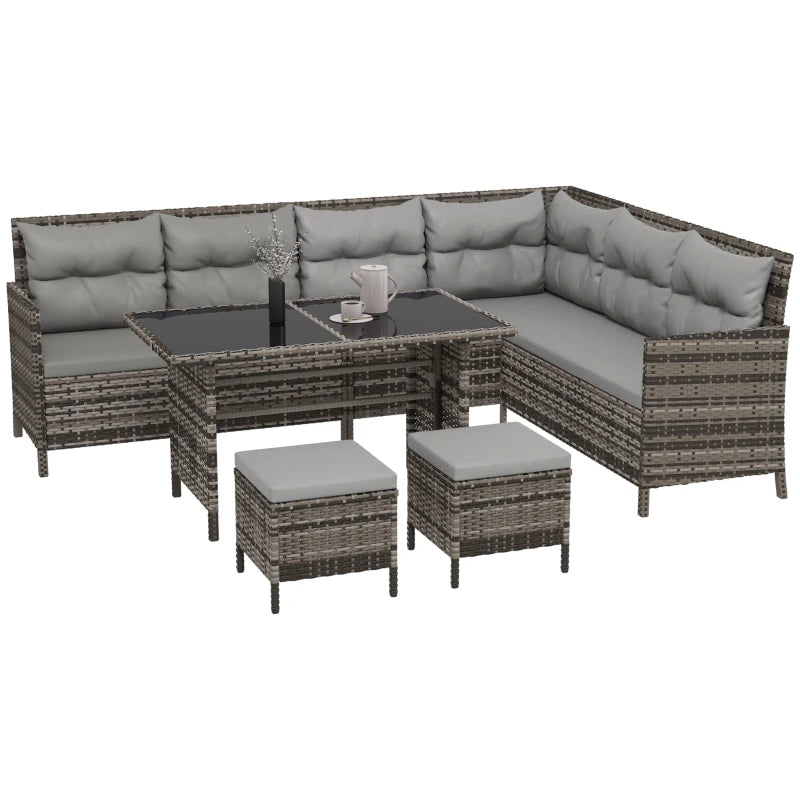 6-Piece Outdoor Rattan Sofa Set, Garden Wicker Sectional Couch Furniture Set with Dining Table and Chairs, Grey