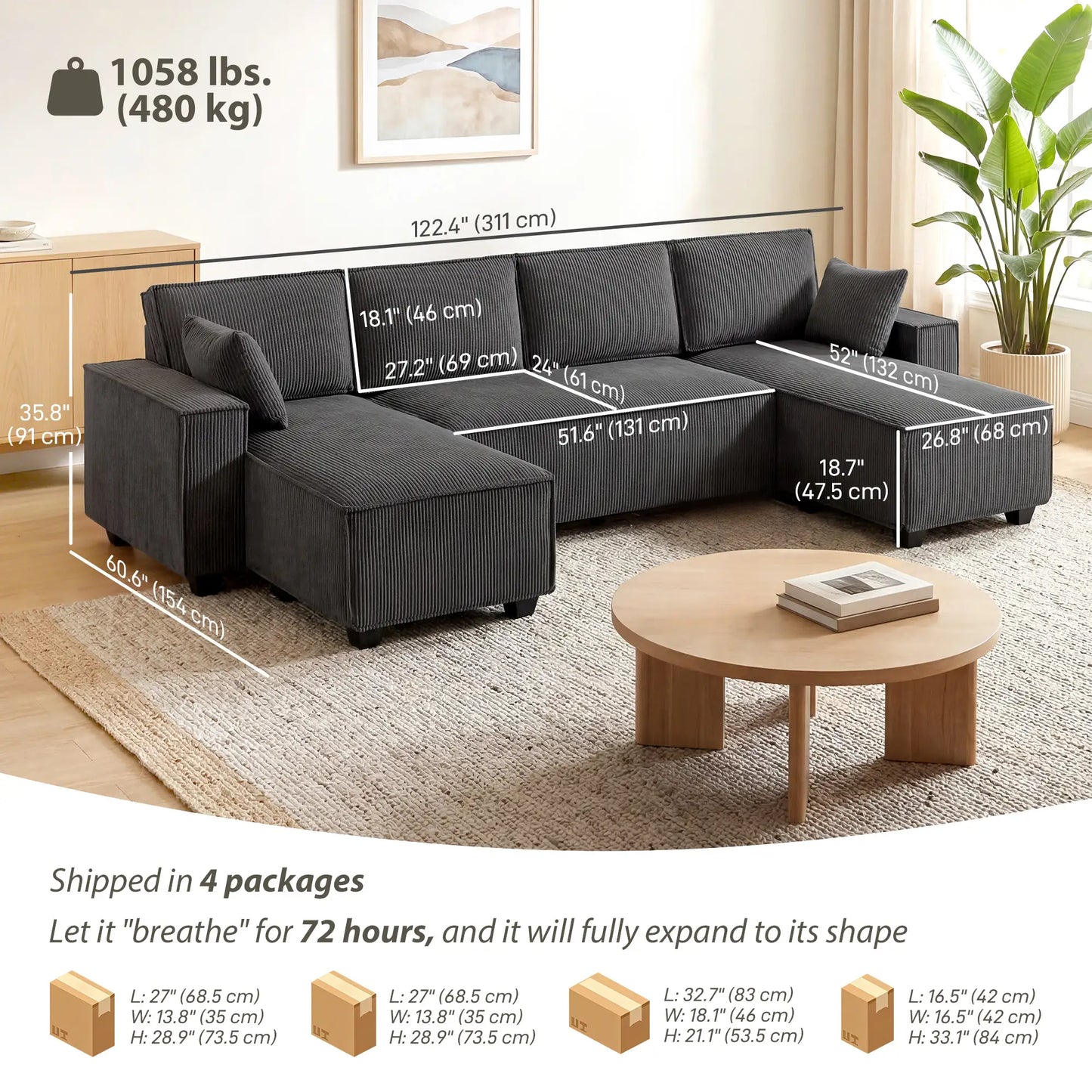Modular U Shaped Couch, Sectional Sofa with Double Chaises and Spring Cushions, Dark Grey