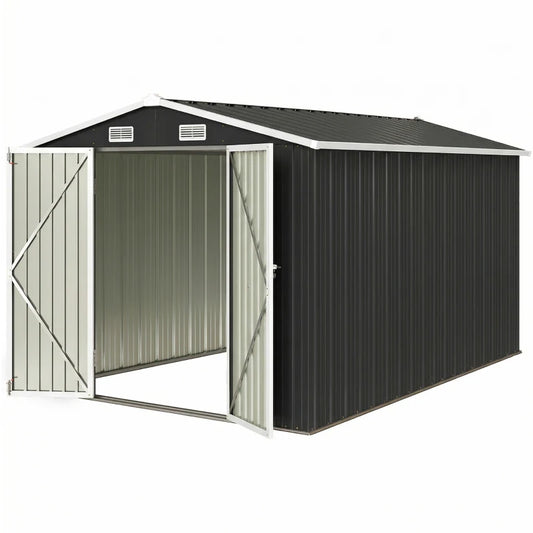 10' x 10' Metal Storage Shed, Heavy Duty Outdoor Storage Shed with 4 Vents and Lockable Double Doors, Dark Grey