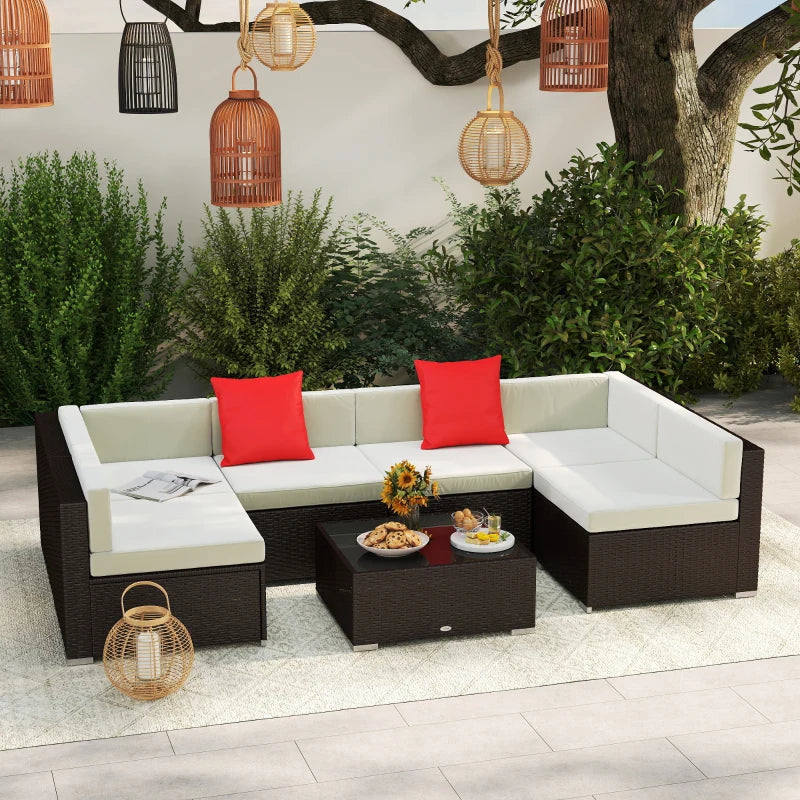 7 Pieces Patio Sofa Outdoor Wicker Sectional Patio Furniture, Dark Brown & Beige