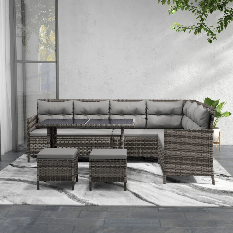 6-Piece Outdoor Rattan Sofa Set, Garden Wicker Sectional Couch Furniture Set with Dining Table and Chairs, Grey