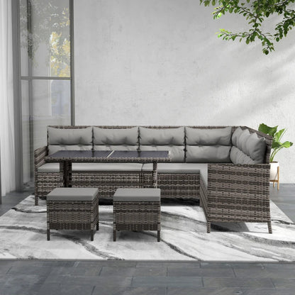 6-Piece Outdoor Rattan Sofa Set, Garden Wicker Sectional Couch Furniture Set with Dining Table and Chairs, Grey