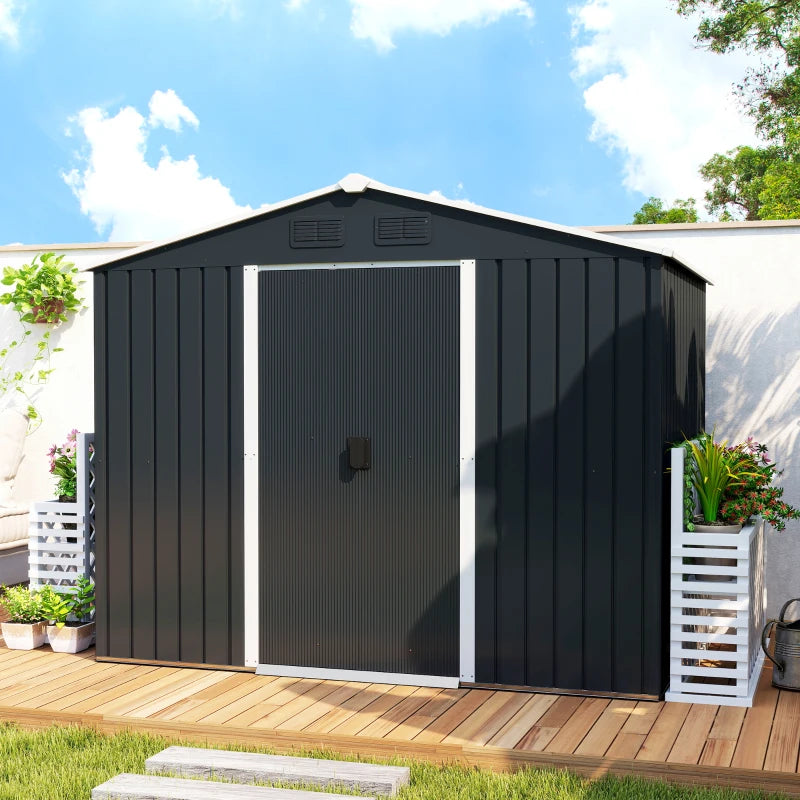8' x 6' Outdoor Storage Shed, Metal Garden Tool Storage House with Lockable Sliding Doors and Vents for Backyard Patio Lawn, Charcoal Grey